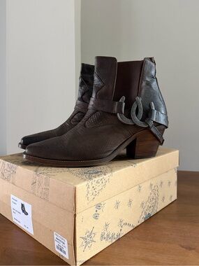 Free People Dark Brown Leather Western Lady Luck Ankle Boots
